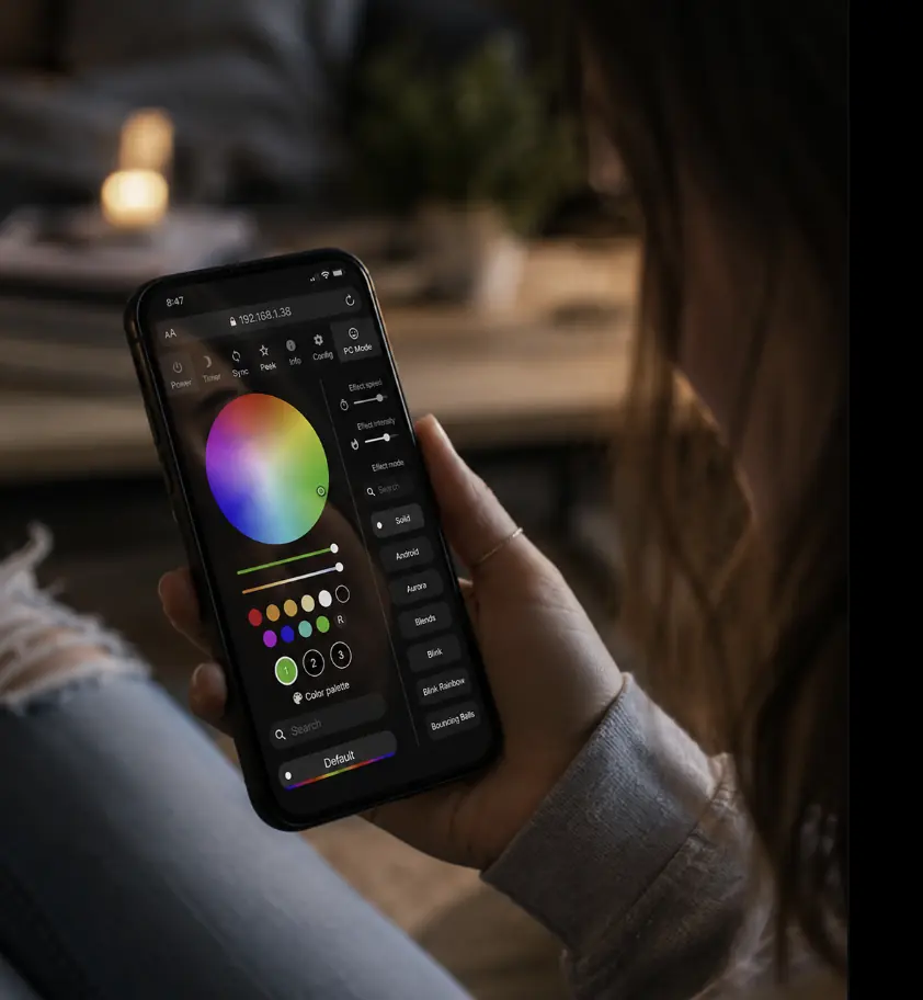 Ai Generated Mockup of a phone app controlling permanent architectural lighting colors