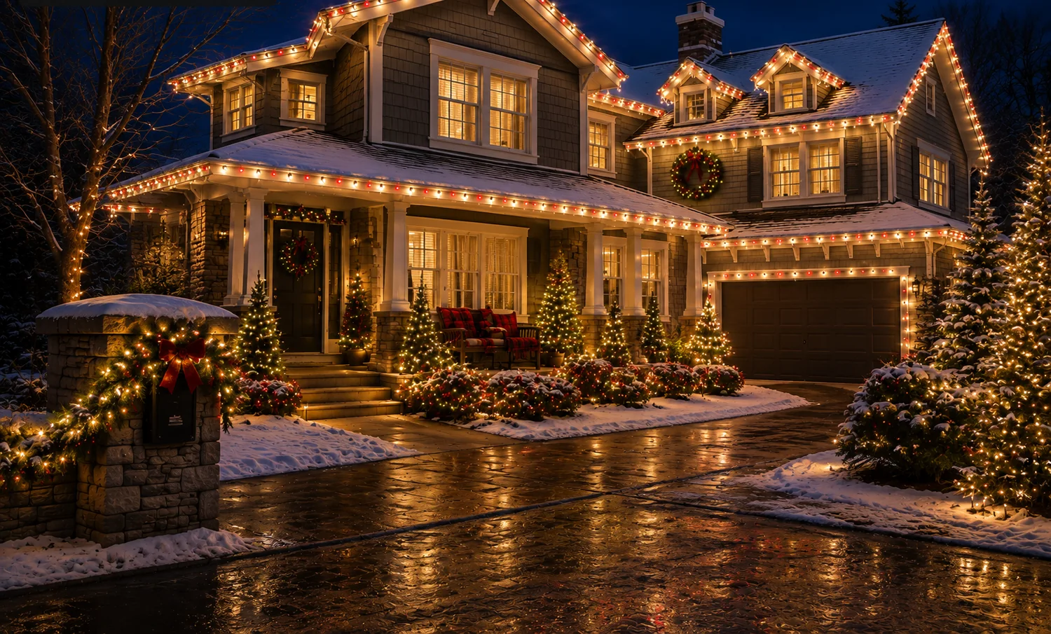 A craftsman home lit in red and warm white along every roofline, gable and dormer, with wreaths, lit entry trees and a snow-covered drive at dusk