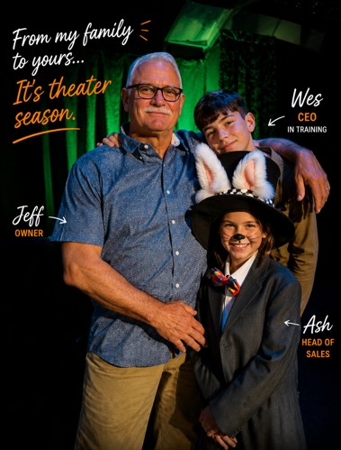 Jeff Scritchfield with Wes and Ash in theater costume: From my family to yours, it&rsquo;s theater season