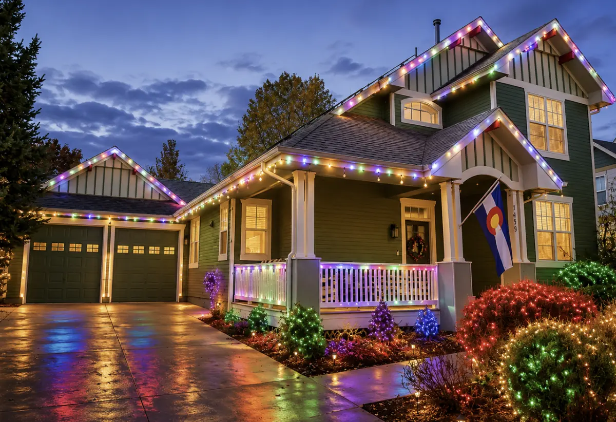 A craftsman home at dusk lit in multicolor along every roofline, porch rail and shrub