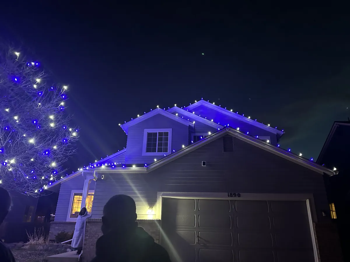 An Erie two-story home with warm white roofline bulbs and a large evergreen lit in blue