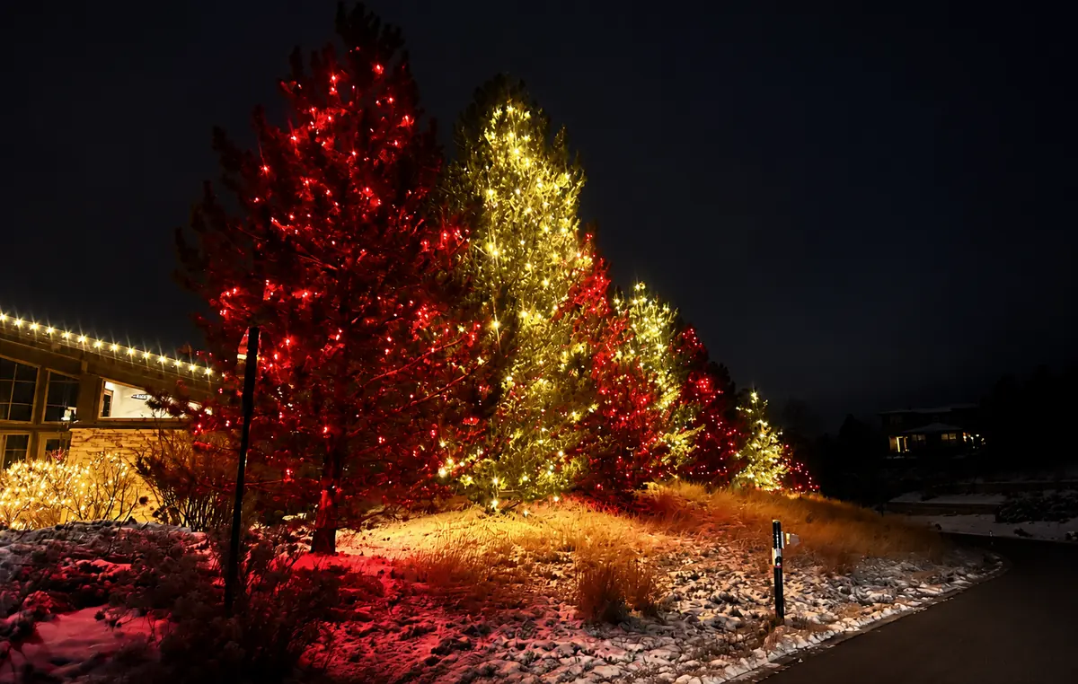 HOA entrance with evergreens lit in red and gold beside a clubhouse