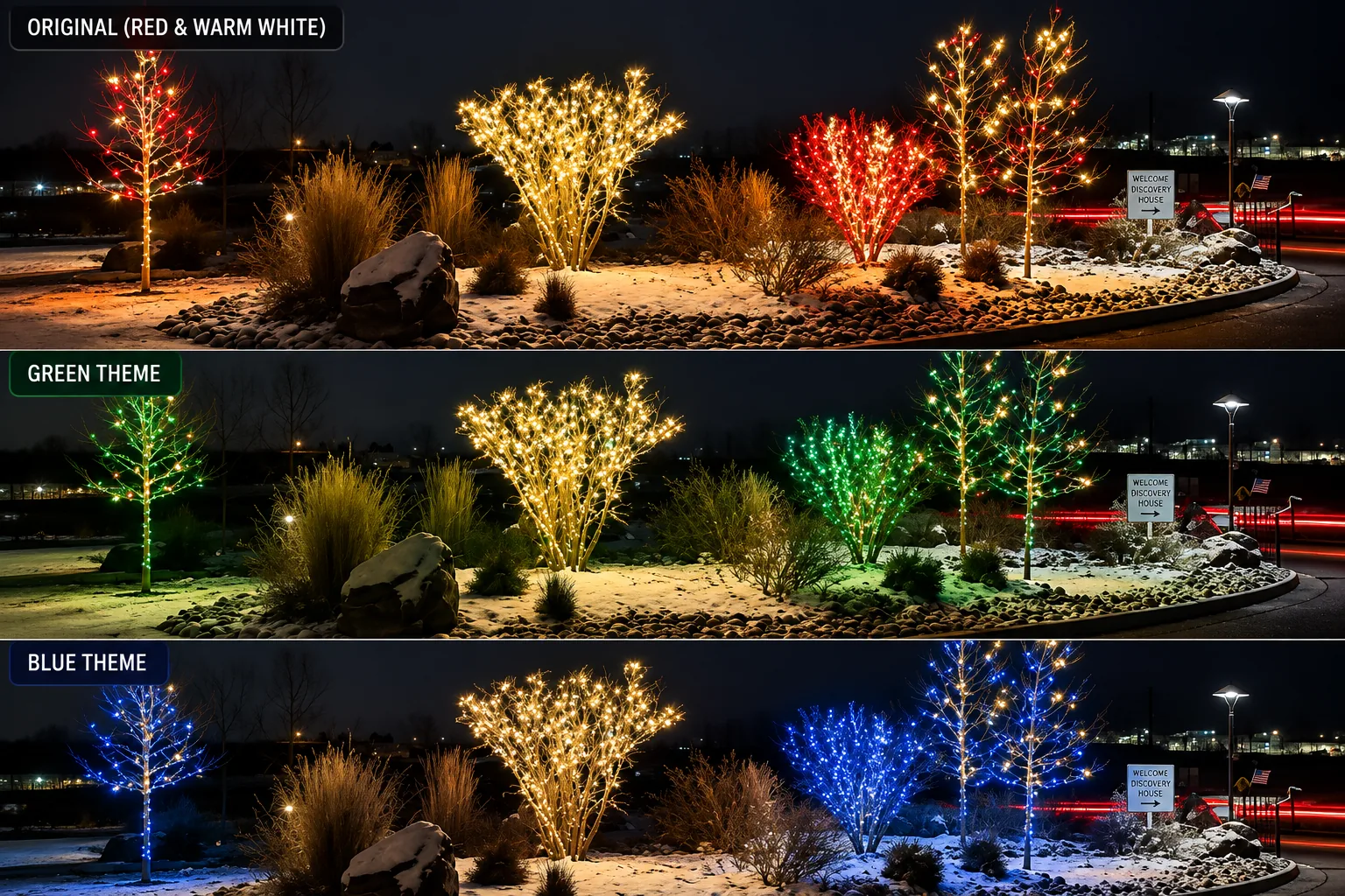 Ai Generated Mockup showing the same community landscape bed lit in three themes: red and warm white, green, and blue