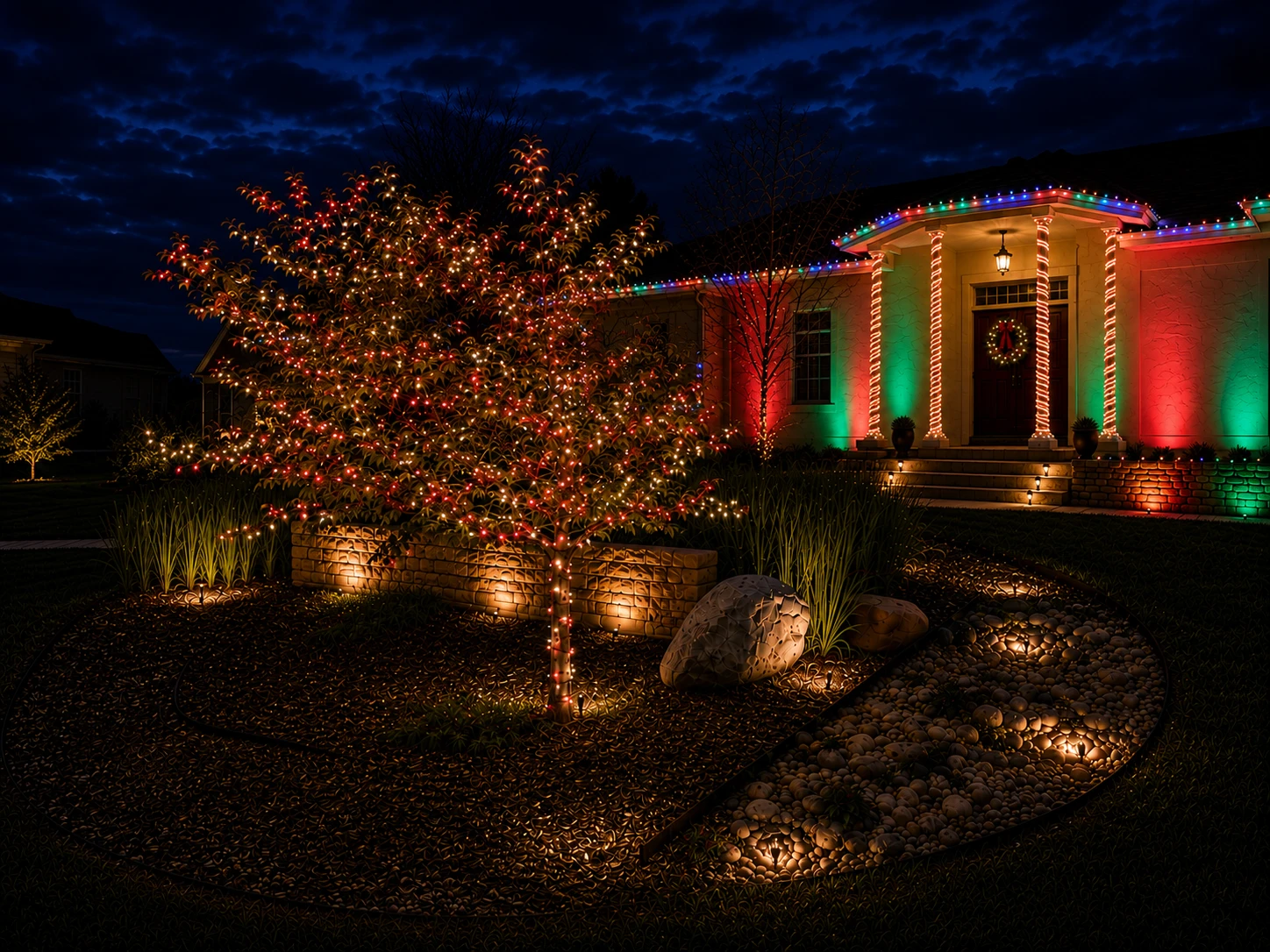 Ai Generated Mockup of a home with multicolor roofline lights, wrapped porch columns, a lit ornamental tree and red and green wall washes