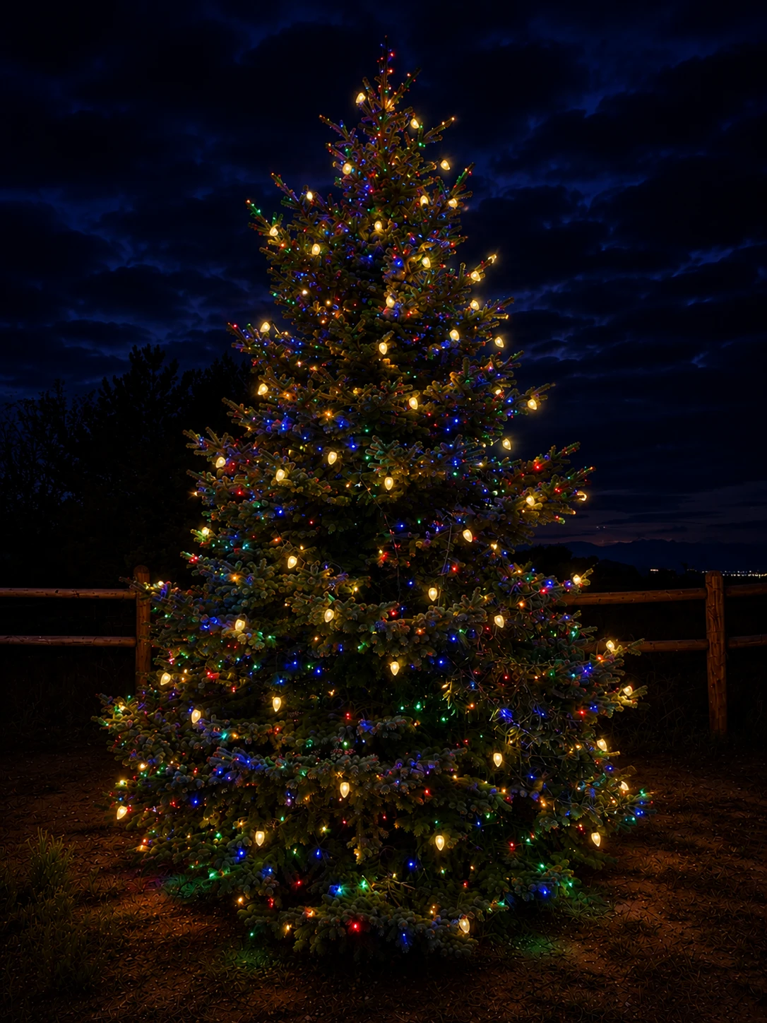 Ai Generated Mockup of a tall spruce lit with multicolor mini lights and warm white C9 bulbs