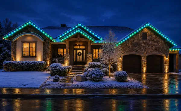 Home roofline in blue and green bulbs with a lit canopy
