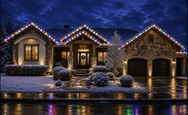 Home roofline in full multicolor bulbs