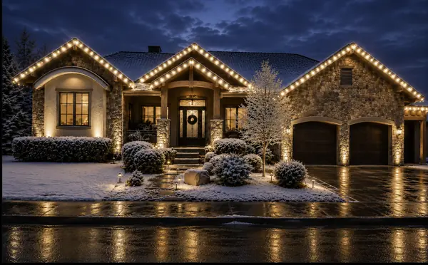 Home roofline outlined in warm white bulbs