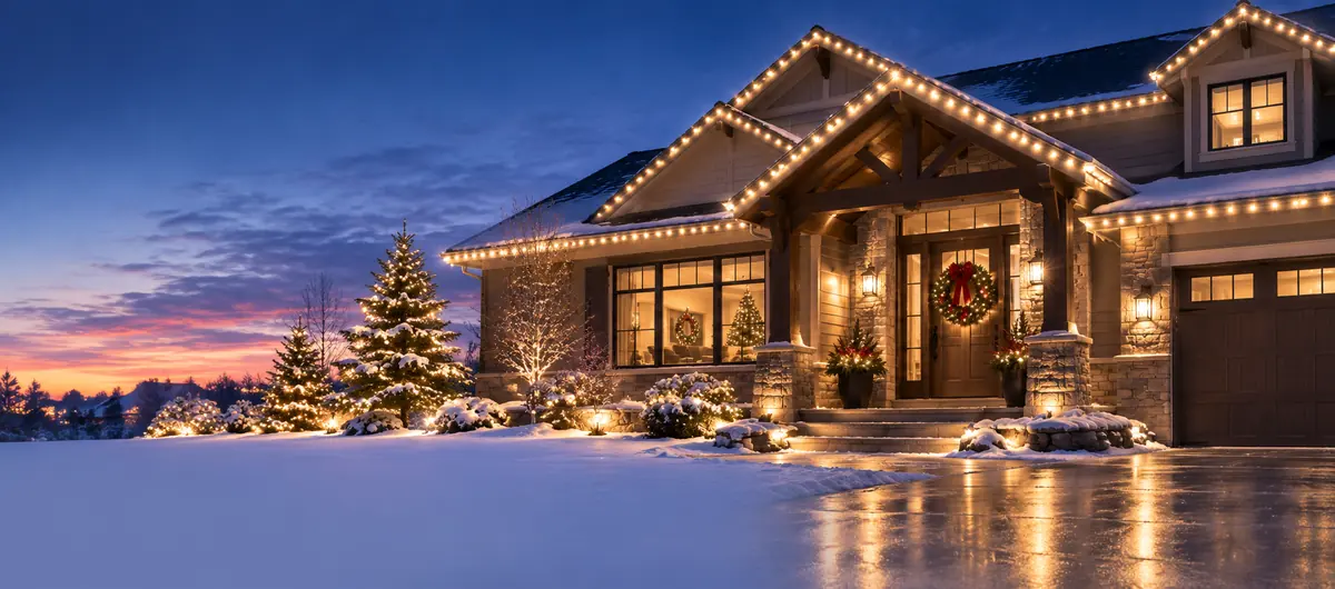 Ai Generated Mockup of a craftsman home at dusk outlined in warm white roofline lighting with lit trees