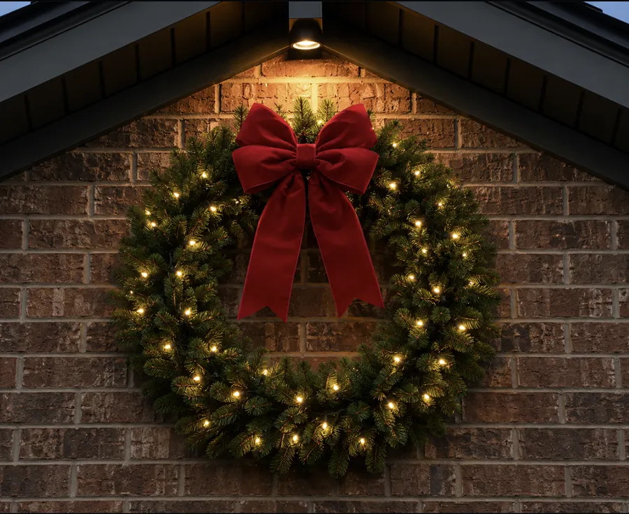 A lit evergreen wreath with a red velvet bow hung on a brick gable under a downlight